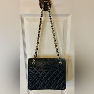 Tory Burch Fleming Black Quilted Leather Chain Flap Bag Gold Hardware